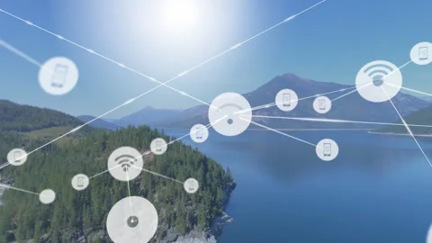 Network of connections and data processing animation over lake and mountain Stock Footage 305021472