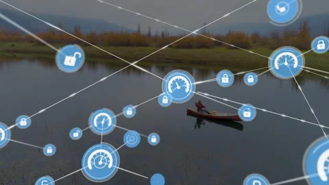 Network of connections and data processing animation over person canoeing on Stock Footage 305058964