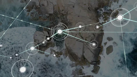 Network of connections and data processing animation over rocky coastline 库存影片 305133287