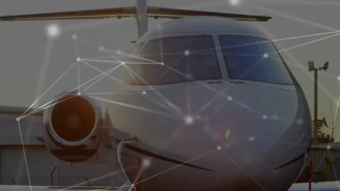 Network of connections and data processing animation over airplane on tarmac Video stock 305133606