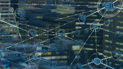 Network of connections and data processing animation over cityscape background Видео 305133836