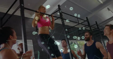 Network of connections and data processing animation over people exercising in Stock Footage 305367382