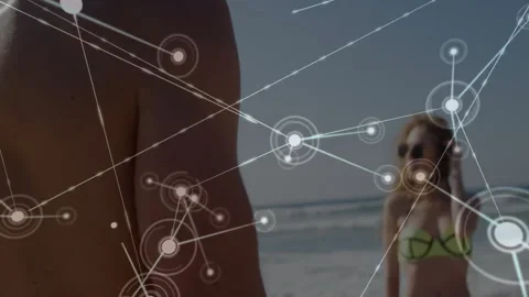 Network of connections and data processing animation over people at beach Video stock 305520086