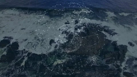 Network of connections and data processing animation over rocky ocean shoreline 库存影片 305831805