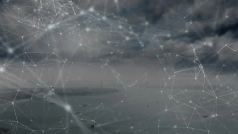 Network of connections and data processing animation over foggy landscape Stock Footage 305885574