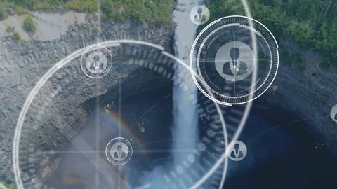Network of connections and data processing animation over waterfall landscape Stock Footage 306192113