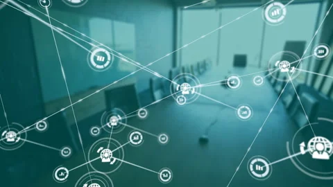 Network of connections and data processing animation over modern office setting Stock Footage 306241114