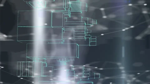 Network of connections and data processing against 3d city model sinning against Stock Footage 312418732
