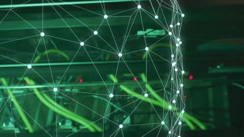 Network connections and data processing animation over server racks with cables Stock Footage 312966535