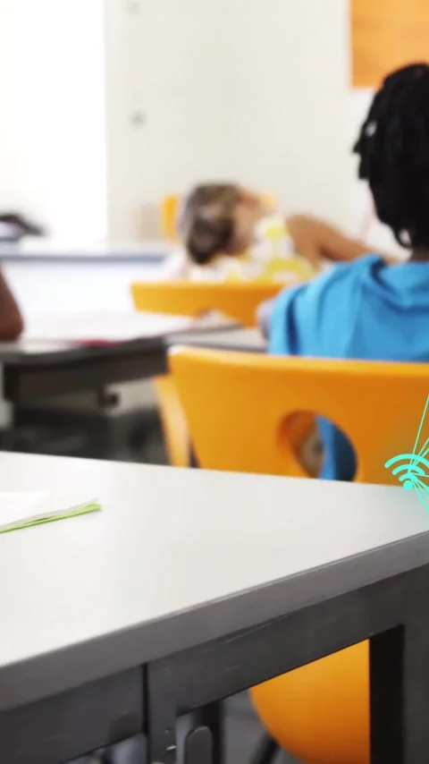 Network of connections and data processing animation over students in classroom Stock Footage 320093803