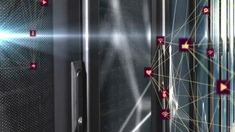 Network connections and data processing animation over server racks in data Stock Footage 328974783
