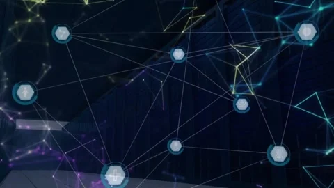 Network of connections and data processing animation over dark server room Stock Footage 329297258