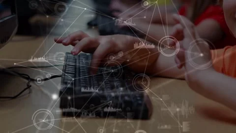 Network of connections and data processing against caucasian boy using computer Stock Footage 329412694