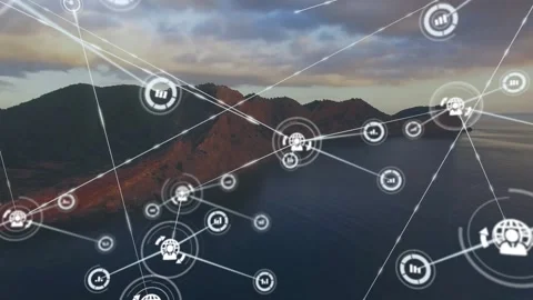 Network of connections and data processing animation over coastal landscape Stock Footage 329920709
