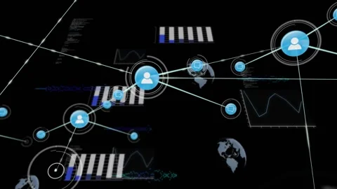Network of connections and data processing animation over digital graphs and Stock Footage 330052683