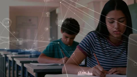 Network of connections and data processing against diverse boy and girl studying Stock Footage 330296609