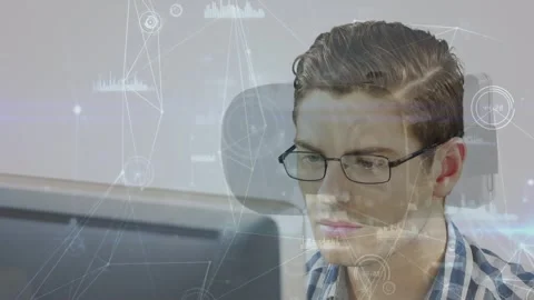 Network of connections and data processing against caucasian man using computer Stock Footage 330341637