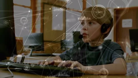 Network of connections and data processing against caucasian boy using computer Stock Footage 330661515