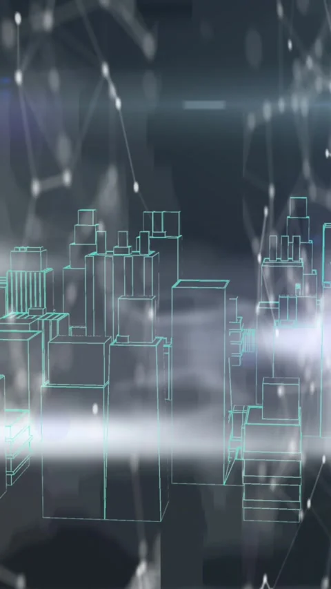 Network of connections and data processing against 3d city model sinning against Stock Footage 331646461