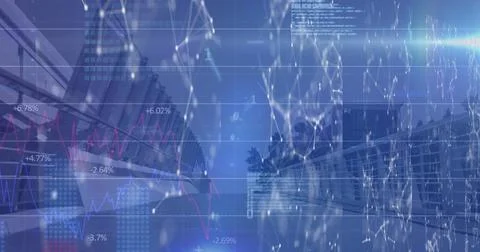 Network of connections and data processing against city bridge in background Illustrazione stock