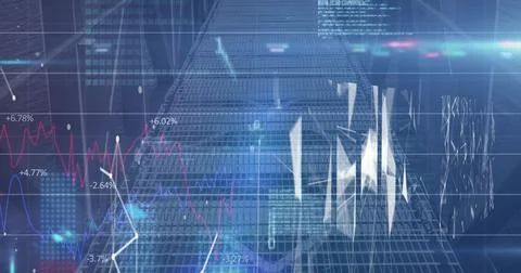 Network of connections and data processing against light trails on blue Stockillustratie