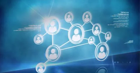 Network of connections and data processing over a blue background, technology Illustrazione stock