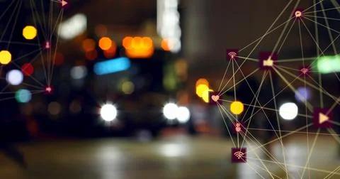 Network of connections and data processing image over blurred city street at Ilustração Stock
