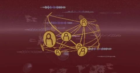 Network of connections and data processing image over digital globe on red Stock Illustration