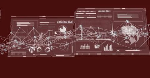 Network of connections and data processing image over digital interface on red Stock Illustration