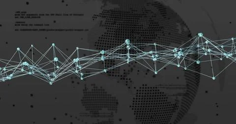 Network of connections and data processing image over world map 스톡 일러스트