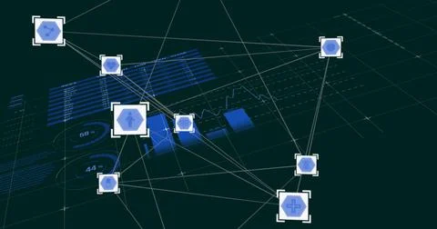 Network of connections and data processing image over digital world map 库存插图