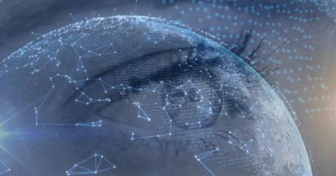 Network of connections and data processing against close up of female eye Stock Photos