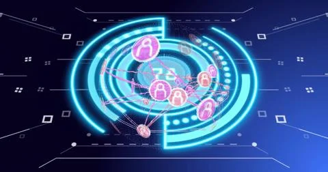 Network connections and data processing image over blue circular interface 写真素材