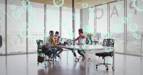 Network of connections and data processing image over business meeting in office Stockfoto's
