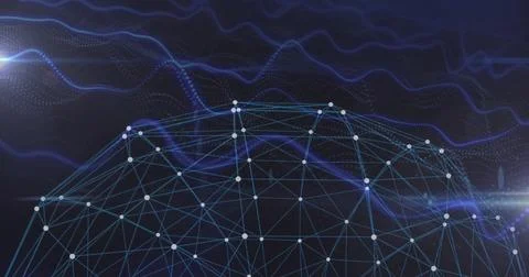 Network of connections and data processing image over abstract dark background Stock Photos