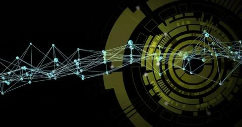 Network of connections and data processing image over futuristic circular Stock Photos