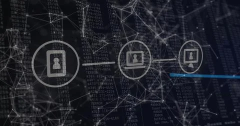Network of connections and data processing image over digital code background Stock Photos
