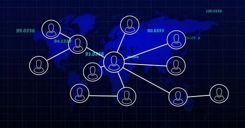 Network of connections and data processing image over world map with numbers 스톡 사진