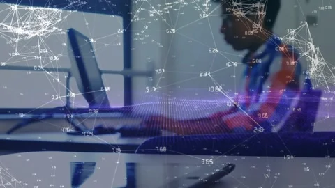 Network of connections and digital wave against boy using computer at school Stock Footage 328359678