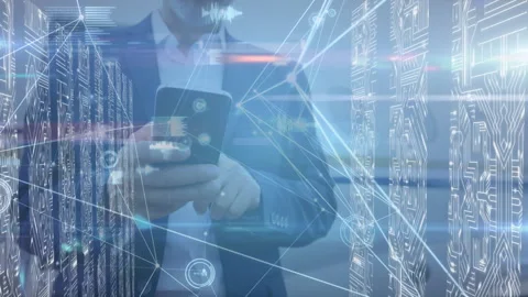 Network of connections and microprocessor connections against man using Vídeo Stock 146583173