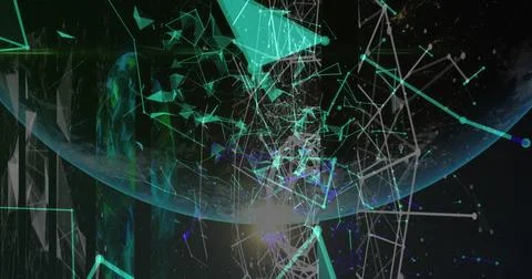 Network of connections and plexus floating over a globe against black background Stock Photos