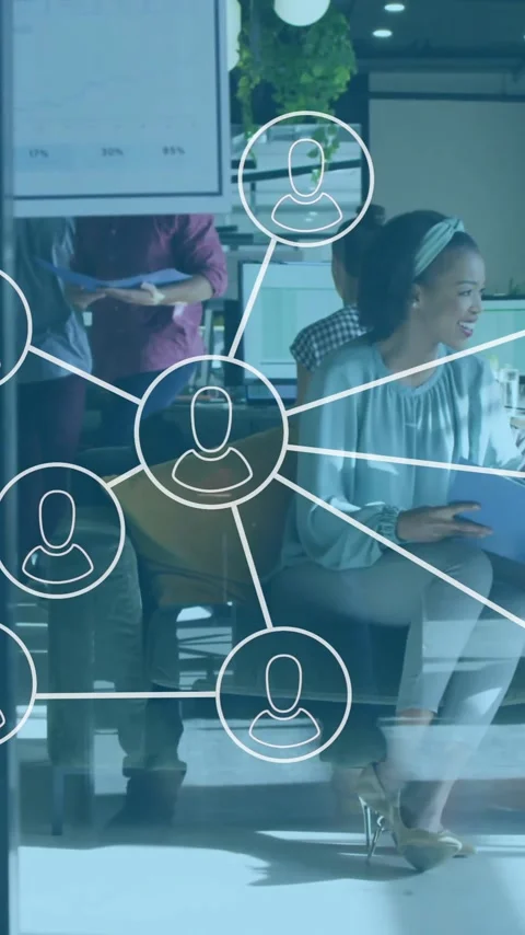 Network of connections animation over diverse people collaborating in modern Stock Footage 319727347