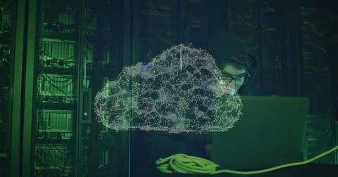 Network of connections forming a cloud icon against asian male hacker using 写真素材