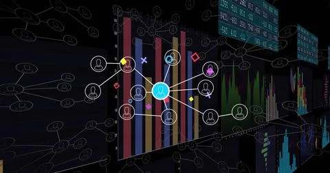 Network of connections image over bar graphs and data charts 库存插图