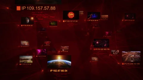 Network connections with multiple themed videos and IP numbers. Red and black. Stock-Footage 56350262