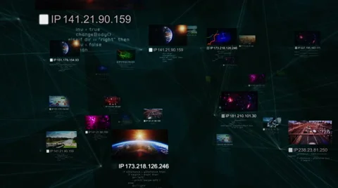 Network connections with multiple themed videos and IP numbers. Cyan and black Stock-Footage 56350322