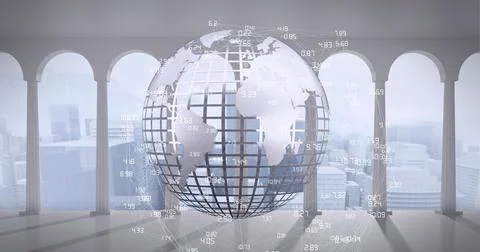 Network of connections over globe against view of cityscape from office window Ilustración de archivo