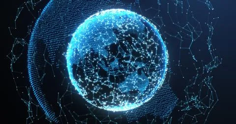 Network of connections over globe against blue background Stock Illustration