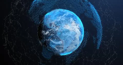 Network of connections over globe against blue background Illustrazione stock