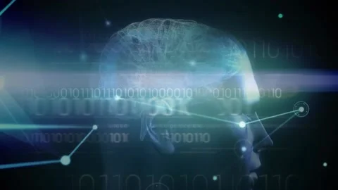 Network of connections over human head model and binary coding data processing Stock Footage 162891558